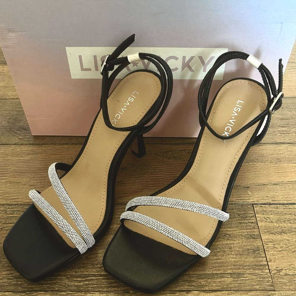 LISA VICKY Gem Crystal Ankle Strap Sandal Black Women's Sandals